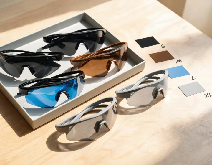 Sports sunglasses for men laid out for application review