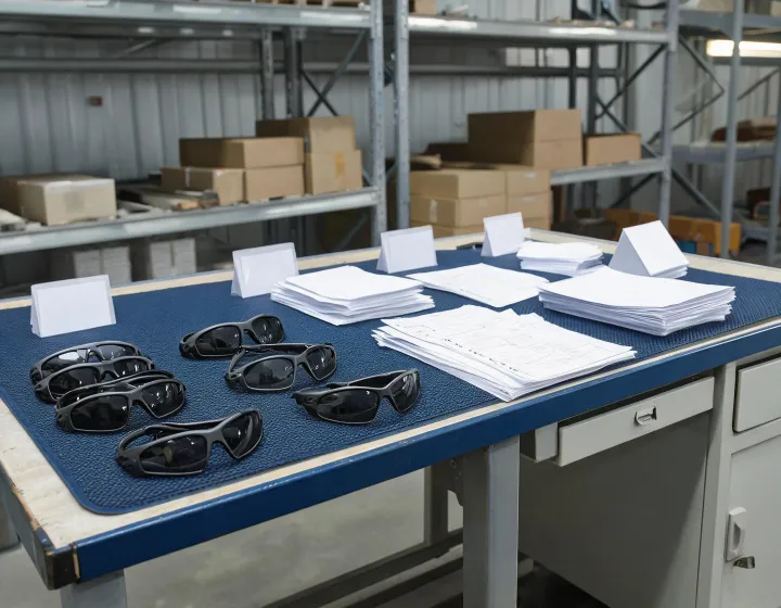 Sports sunglasses prescription trays with quantity and packing notes